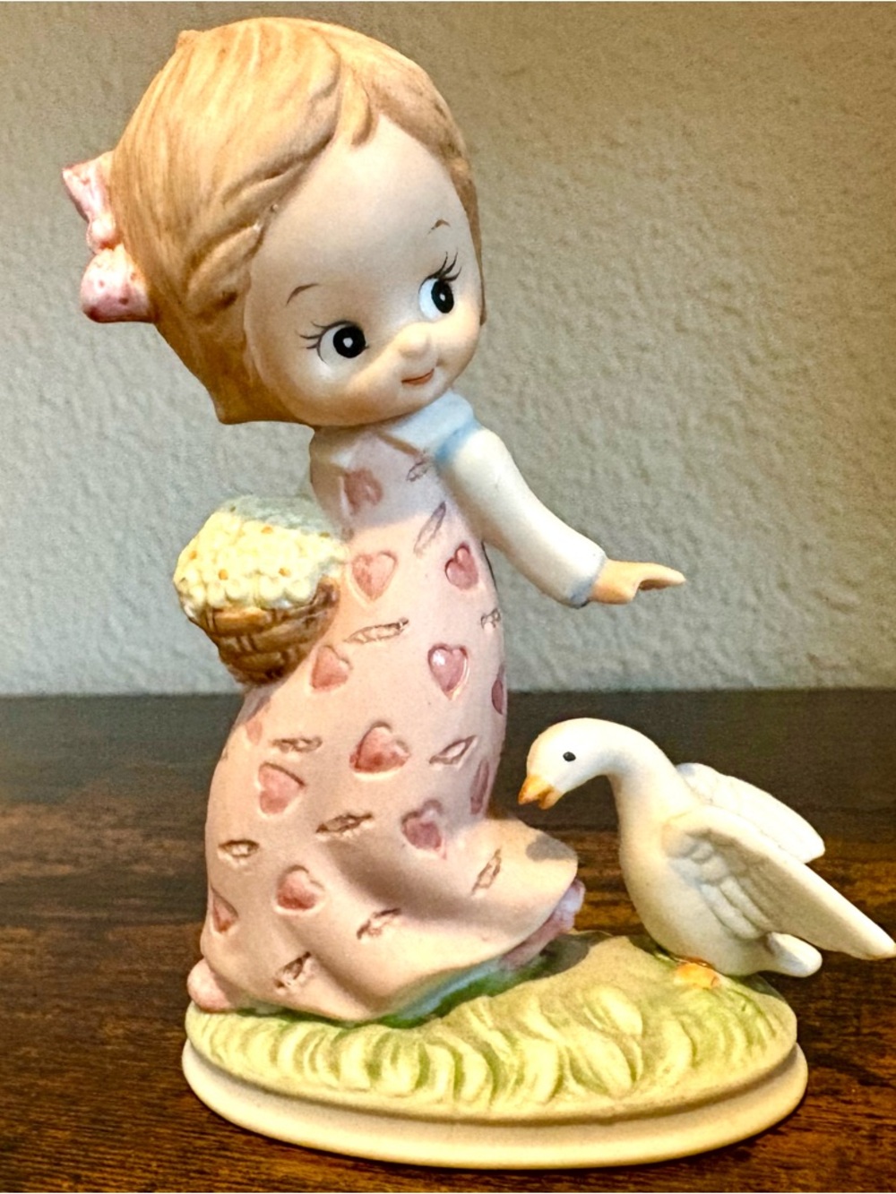 Lefton China Hand Painted Girl with Goose Basket of Flowers Heart Dress Figurine